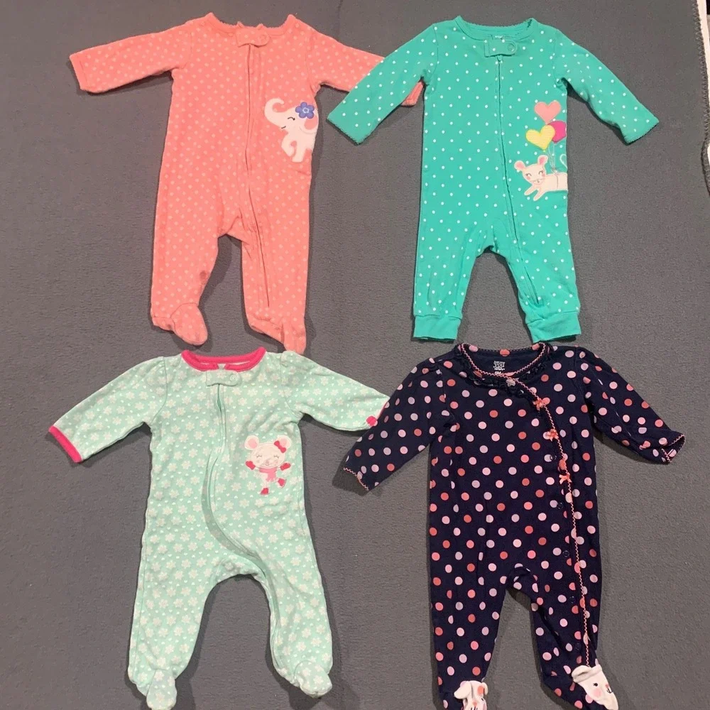 Carters Baby Girl 6M Sleep Play Pajamas Lot 4 Cotton Zip Up Footed‎ Rompers